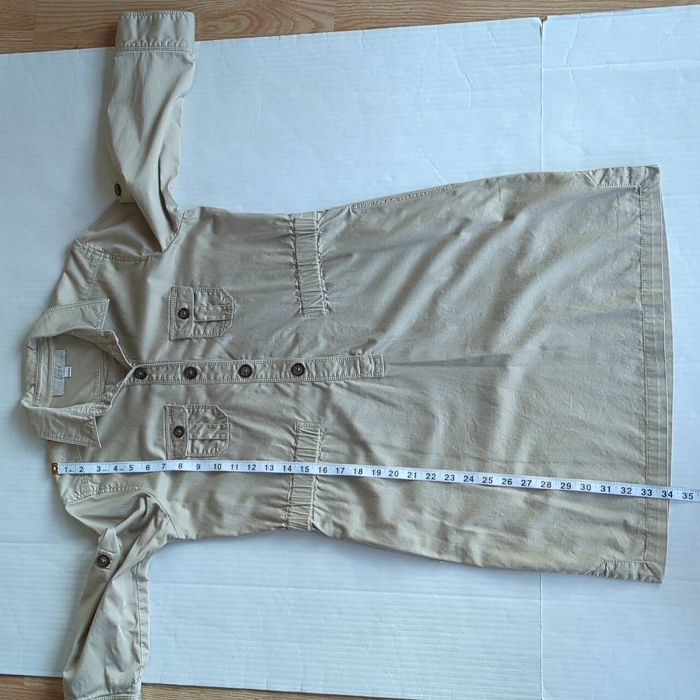 Ann Taylor Loft Khaki Safari Button Tab Sleeve Collared Dress SP Tan Pockets - Picture 16 of 16